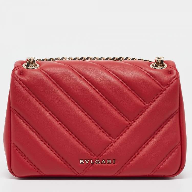 Pre Owned Bvlgari Red Quilted Leather Small Serpenti Cabochon Shoulder Bag