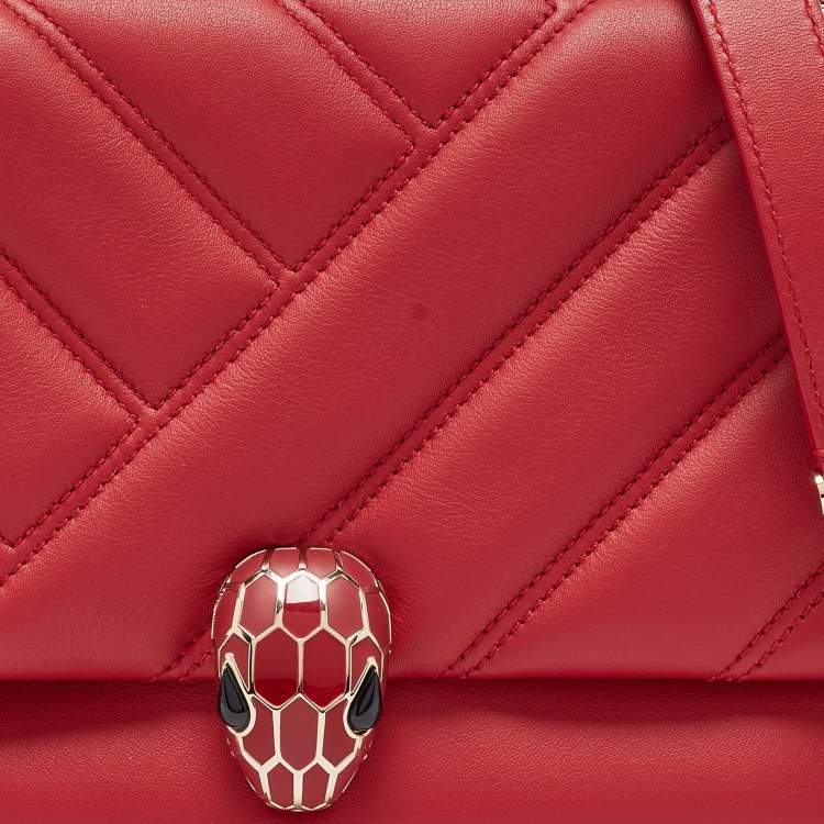 Pre Owned Bvlgari Red Quilted Leather Small Serpenti Cabochon Shoulder Bag