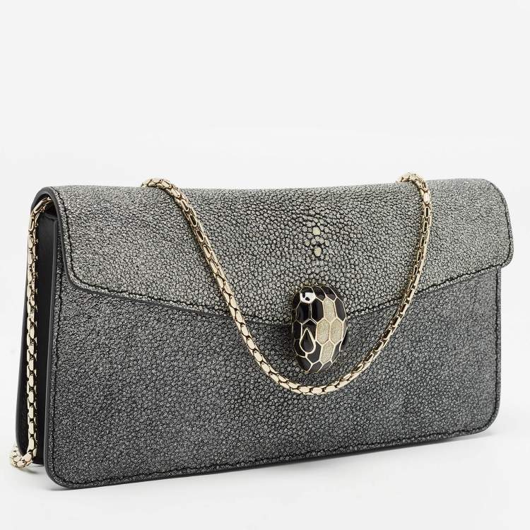 Pre Owned Bvlgari Grey Stingray and Leather Serpenti Forever Chain Clutch