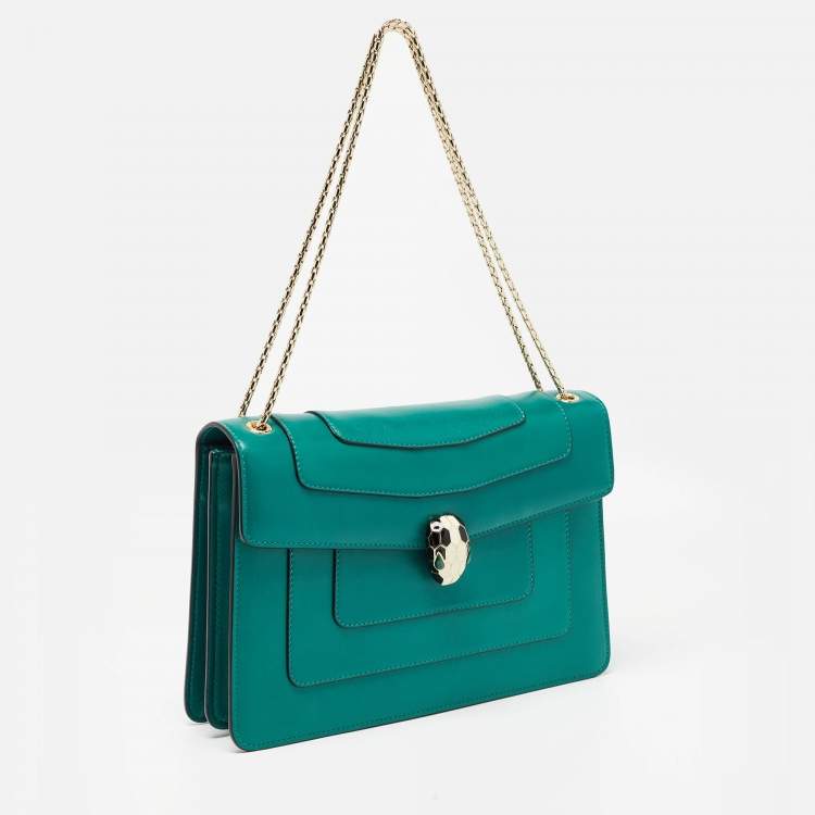 Pre Owned Bvlgari Green Leather Medium Serpenti Forever Flap Shoulder Bag