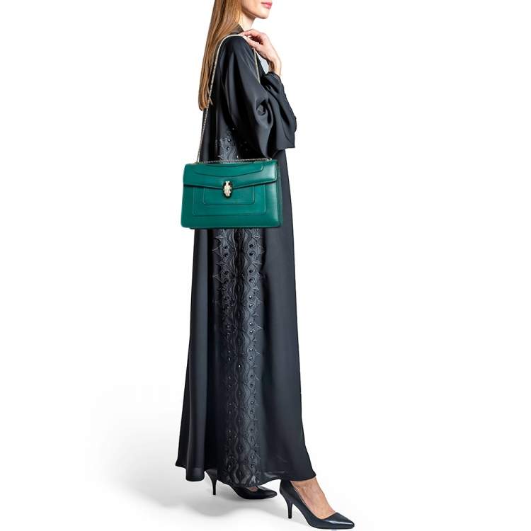Pre Owned Bvlgari Green Leather Medium Serpenti Forever Flap Shoulder Bag