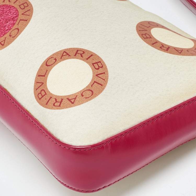 Pre Owned Bvlgari Pink/White Printed Satin and Leather Baguette Bag