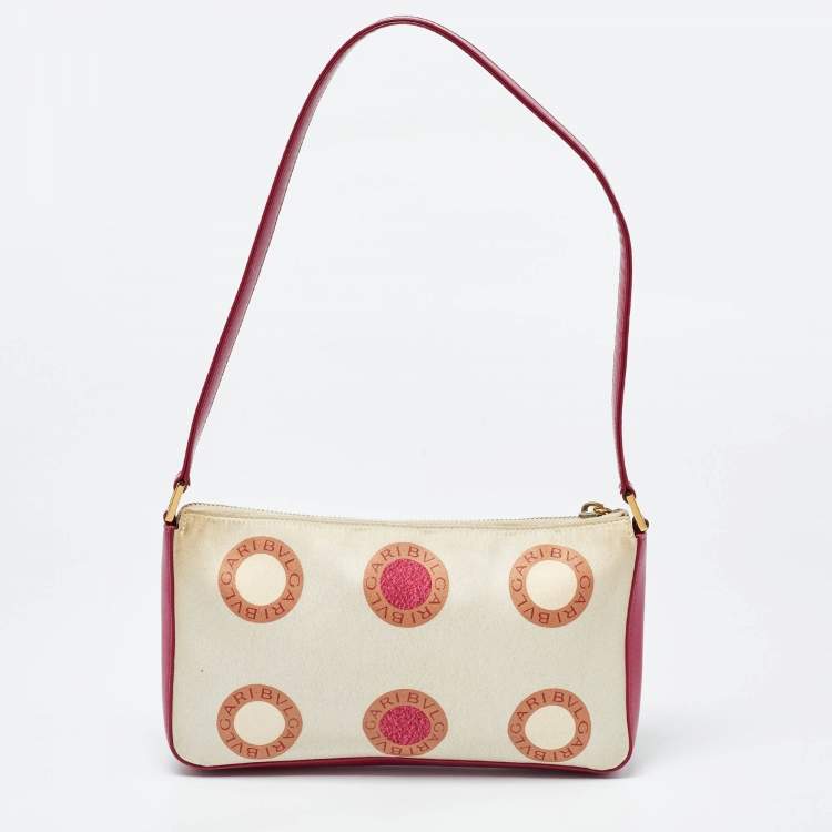 Pre Owned Bvlgari Pink/White Printed Satin and Leather Baguette Bag
