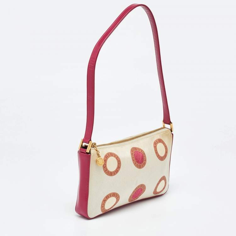 Pre Owned Bvlgari Pink/White Printed Satin and Leather Baguette Bag