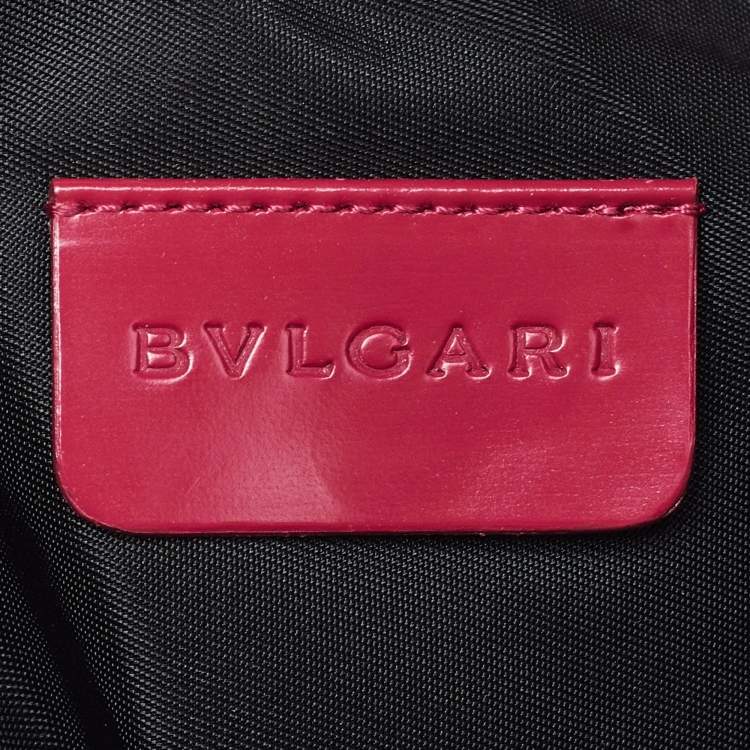 Pre Owned Bvlgari Pink/White Printed Satin and Leather Baguette Bag