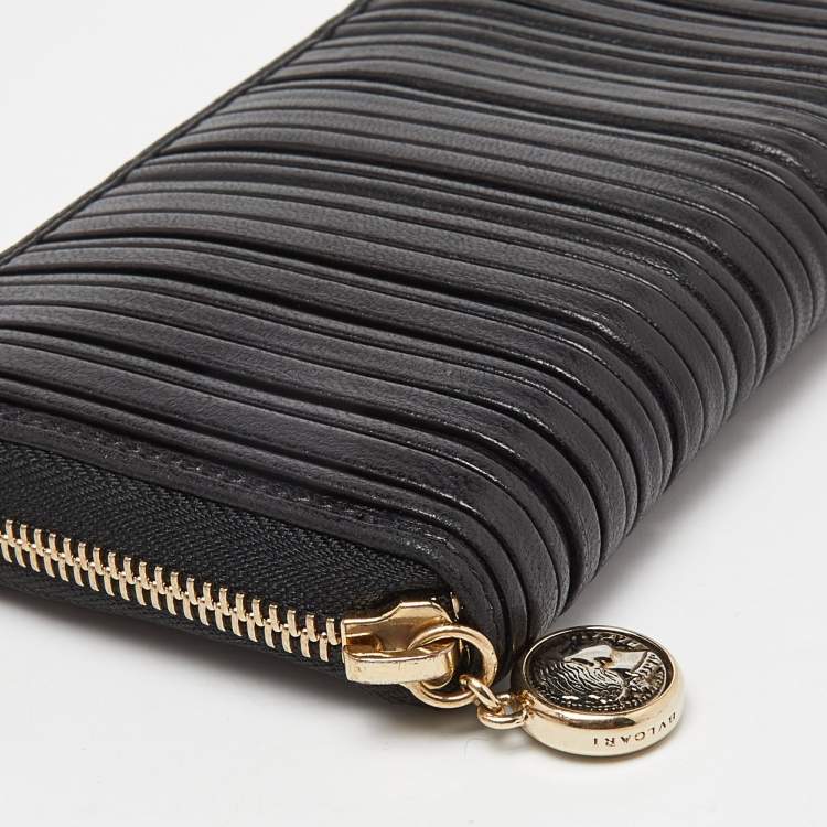 Pre Owned Bvlgari Black Pleated Leather Zip Around Wallet