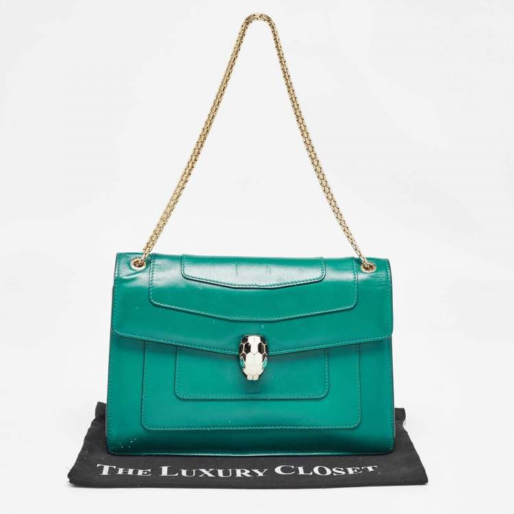 Pre Owned Bvlgari Green Leather Medium Serpenti Forever Flap Shoulder Bag