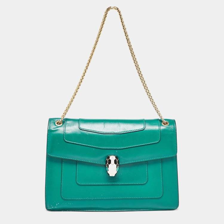Pre Owned Bvlgari Green Leather Medium Serpenti Forever Flap Shoulder Bag
