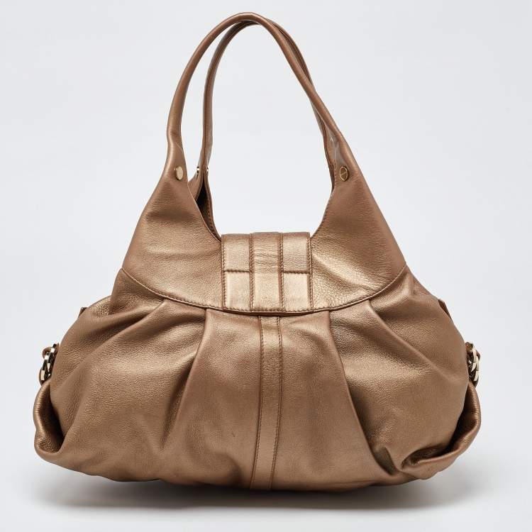 Pre Owned Bvlgari Beige Metallic Leather Chandra Satchel