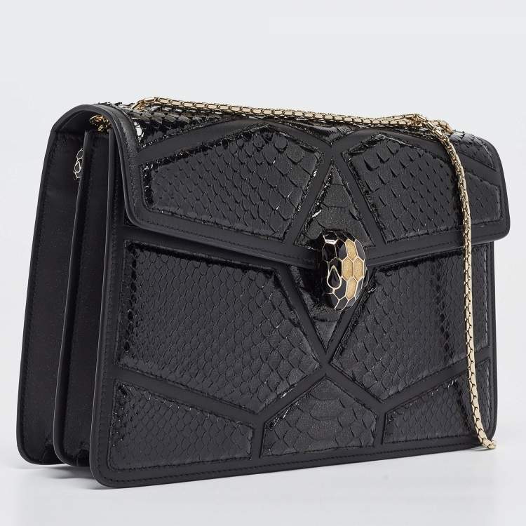 Pre Owned Bvlgari Black Python and Leather Medium Serpenti Diamond Blast Shoulder Bag