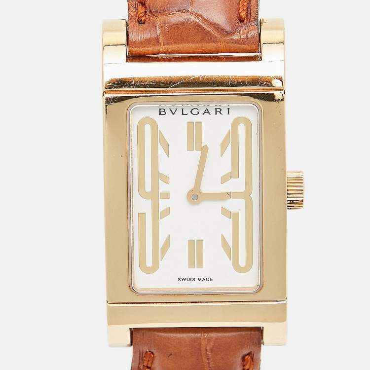 Pre Owned Bvlgari White 18K Gold Yellow Gold Alligator Leather Rettangolo RT29G Women's Wristwatch 29 mm