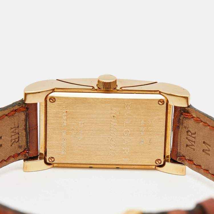 Pre Owned Bvlgari White 18K Gold Yellow Gold Alligator Leather Rettangolo RT29G Women's Wristwatch 29 mm