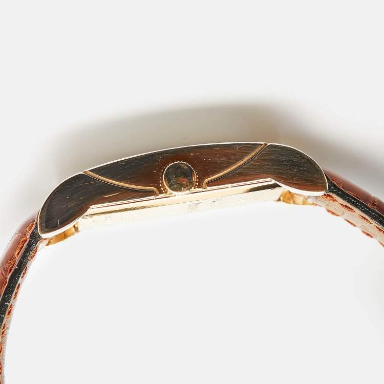 Pre Owned Bvlgari White 18K Gold Yellow Gold Alligator Leather Rettangolo RT29G Women's Wristwatch 29 mm
