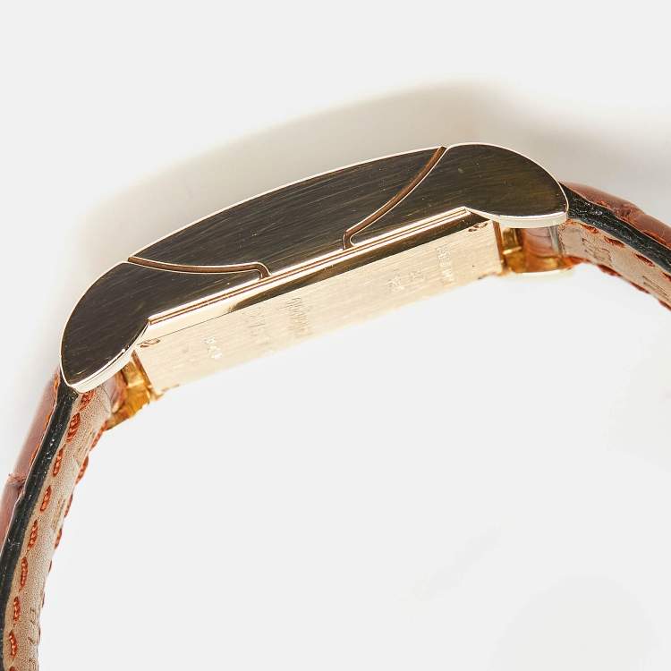 Pre Owned Bvlgari White 18K Gold Yellow Gold Alligator Leather Rettangolo RT29G Women's Wristwatch 29 mm