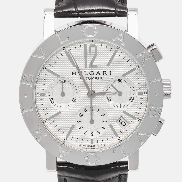 Pre Owned Bvlgari Silver Stainless Steel Alligator Leather Bvlgari Bvlgari BB38SLCH Men's Wristwatch 38 mm