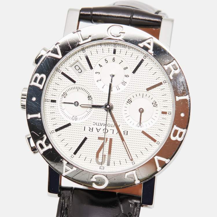 Pre Owned Bvlgari Silver Stainless Steel Alligator Leather Bvlgari Bvlgari BB38SLCH Men's Wristwatch 38 mm