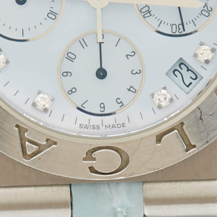 Pre Owned Bvlgari Blue Mother Of Pearl Diamond Stainless Steel Alligator Leather Diagono CH 35 S AUTO Women's Wristwatch 35 mm