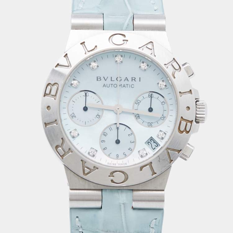 Pre Owned Bvlgari Blue Mother Of Pearl Diamond Stainless Steel Alligator Leather Diagono CH 35 S AUTO Women's Wristwatch 35 mm