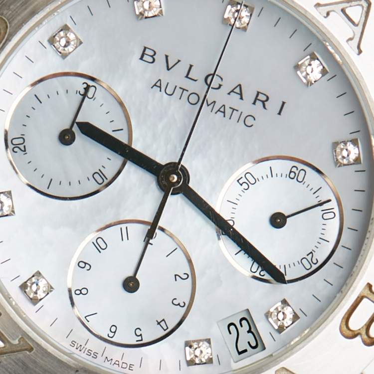 Pre Owned Bvlgari Blue Mother Of Pearl Diamond Stainless Steel Alligator Leather Diagono CH 35 S AUTO Women's Wristwatch 35 mm