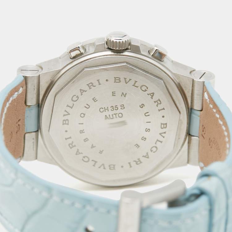 Pre Owned Bvlgari Blue Mother Of Pearl Diamond Stainless Steel Alligator Leather Diagono CH 35 S AUTO Women's Wristwatch 35 mm
