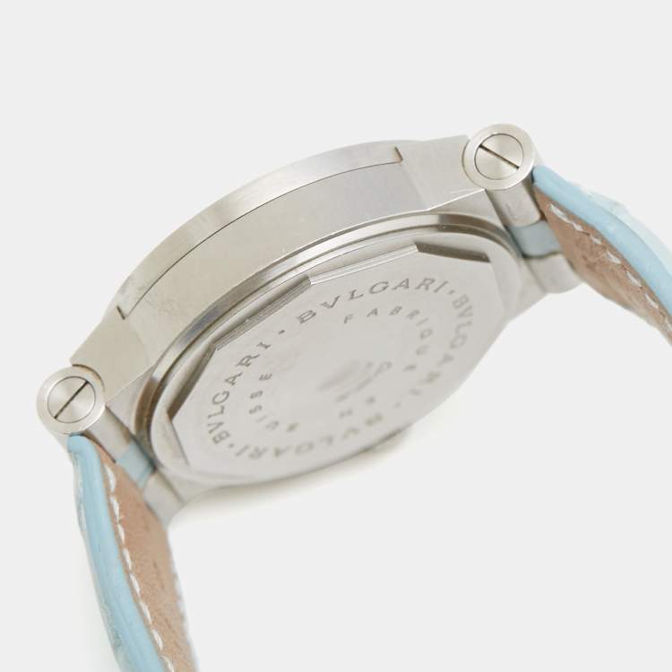 Pre Owned Bvlgari Blue Mother Of Pearl Diamond Stainless Steel Alligator Leather Diagono CH 35 S AUTO Women's Wristwatch 35 mm