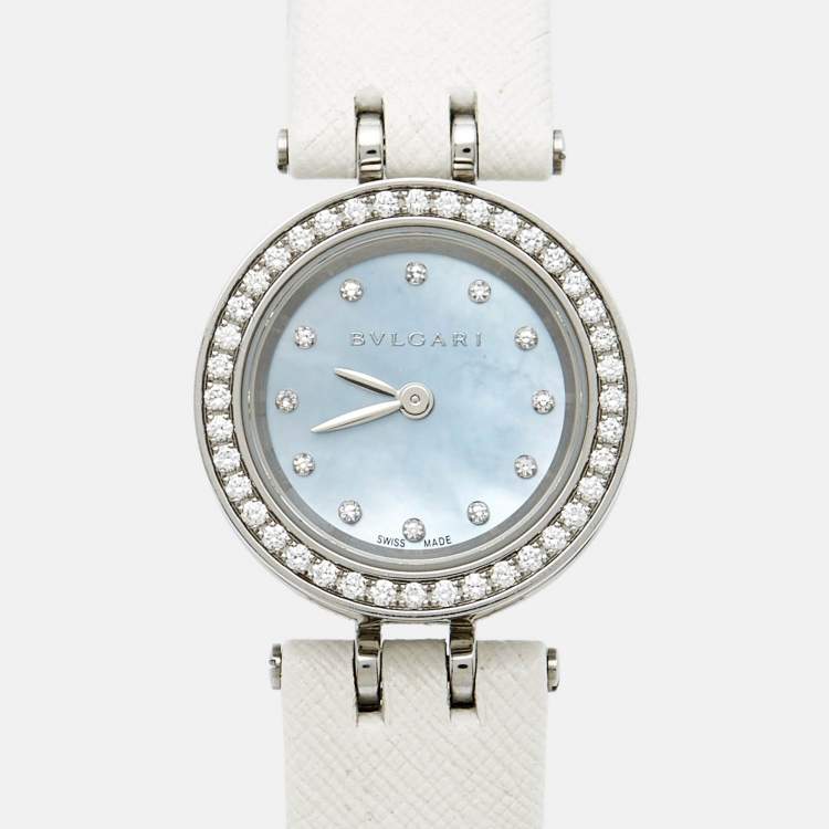 Pre Owned Bvlgari Blue Mother of Pearl Diamond Stainless Steel Leather B.Zero1 BZ23S Women's Wristwatch 23 mm