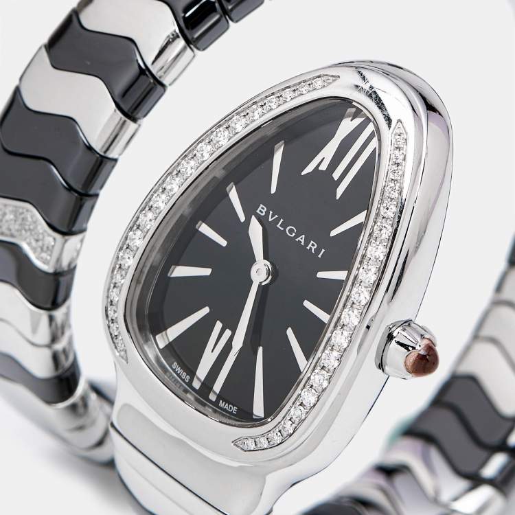 Pre Owned Bvlgari Black Diamond Ceramic Stainless Steel Serpenti Spiga 102129 Women's Wristwatch 33 mm 