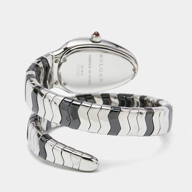 Pre Owned Bvlgari Black Diamond Ceramic Stainless Steel Serpenti Spiga 102129 Women's Wristwatch 33 mm 