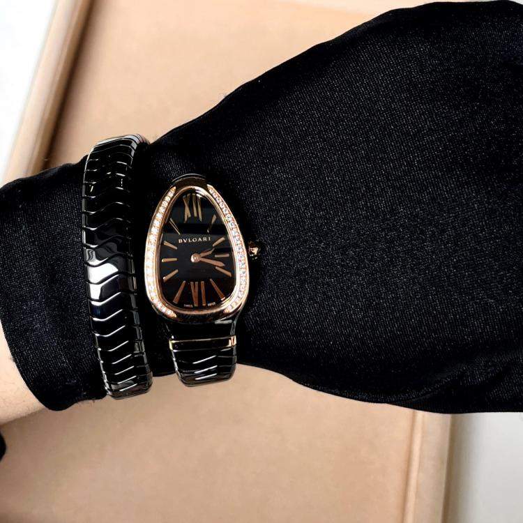 Pre Owned Bvlgari Black Diamond Ceramic Serpenti 102532 Quartz Women's Wristwatch 35 mm