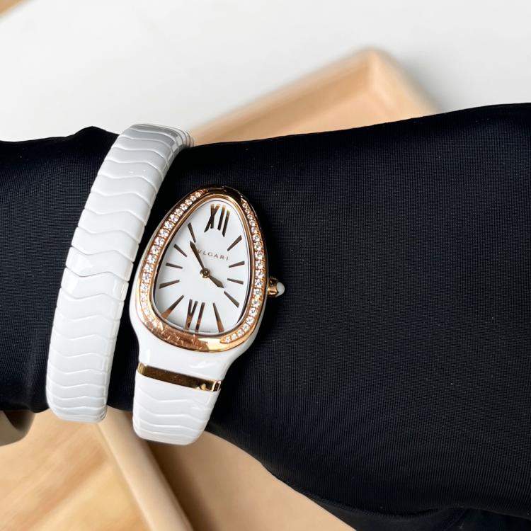 Pre Owned Bvlgari White Diamond 18k Rose Gold Serpenti 102613 Quartz Women's Wristwatch 35 mm