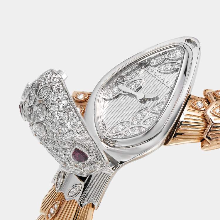 Pre Owned Bvlgari Silver Dial Diamond Ruby Two-Tone 18K Gold Serpenti 102239 Women's Wristwatch 40 mm