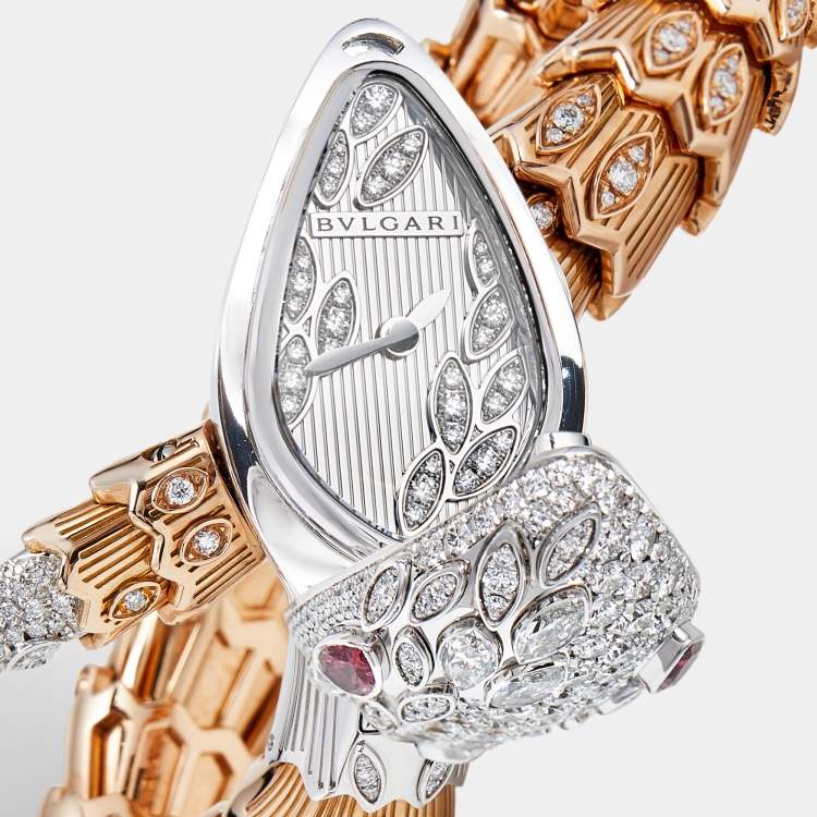Pre Owned Bvlgari Silver Dial Diamond Ruby Two-Tone 18K Gold Serpenti 102239 Women's Wristwatch 40 mm