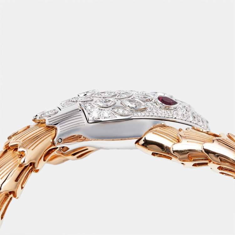 Pre Owned Bvlgari Silver Dial Diamond Ruby Two-Tone 18K Gold Serpenti 102239 Women's Wristwatch 40 mm