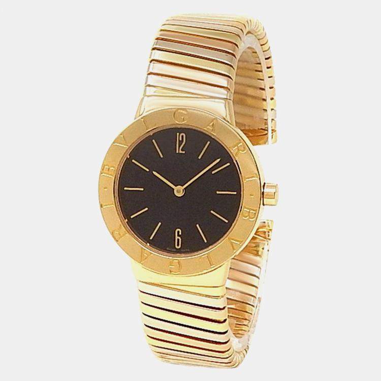 Pre Owned Bvlgari Tubogas BB302T Quartz Black 18K Yellow Gold Women’s Wristwatch 30 mm
