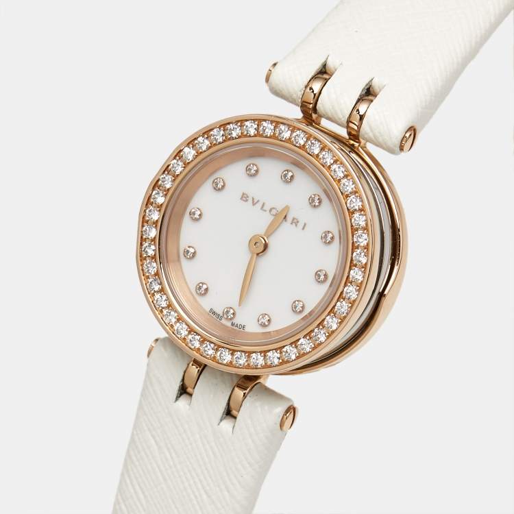 مملوكة مسبقًا Bvlgari B.Zero1 102398 White Dial Diamond 18K Rose Gold Stainless Steel Leather Women's Wristwatch 23 mm