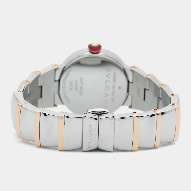 Pre Owned Bvlgari Lvcea 102475 White Mother of Pearl Diamond 18K Rose Gold Stainless Steel Women's Wristwatch 28 mm