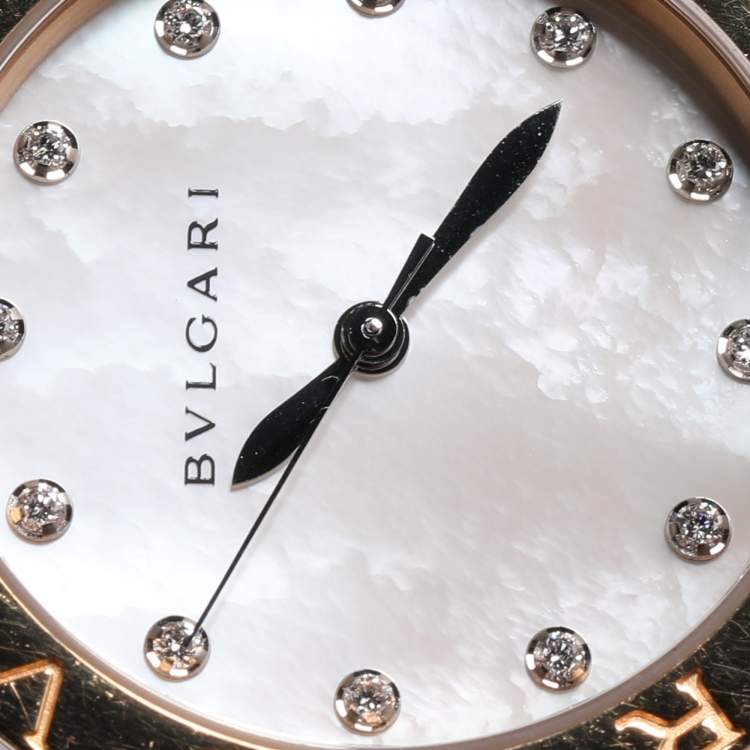 Pre Owned Bvlgari White 18k Yellow Gold/Stainless Steel Mother of Pearl/Pink Sapphire BBLP33SG Wristlet Watch 33 mm