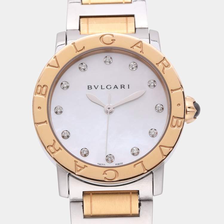 Pre Owned Bvlgari White 18k Yellow Gold/Stainless Steel Mother of Pearl/Pink Sapphire BBLP33SG Wristlet Watch 33 mm