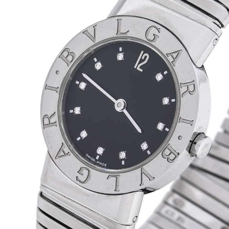 مملوكة مسبقًا Bvlgari Black Stainless Steel Diamond Tubogas BB262TS Women's Wristwatch 26 mm