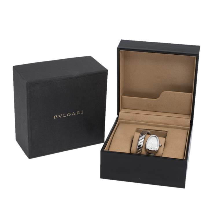 Pre Owned Bvlgari Silver Opaline Guilloché Soleil Stainless Steel Diamond Serpenti Tubogas 101910 Women's Wristwatch 35 mm