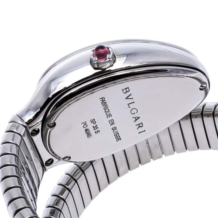 Pre Owned Bvlgari Silver Opaline Guilloché Soleil Stainless Steel Diamond Serpenti Tubogas 101910 Women's Wristwatch 35 mm