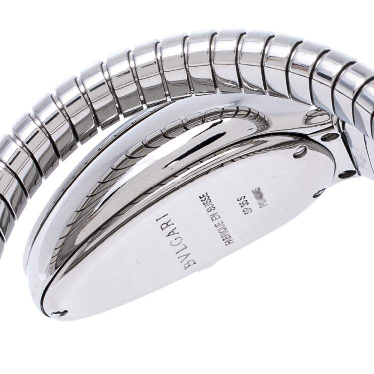 Pre Owned Bvlgari Silver Opaline Guilloché Soleil Stainless Steel Diamond Serpenti Tubogas 101910 Women's Wristwatch 35 mm