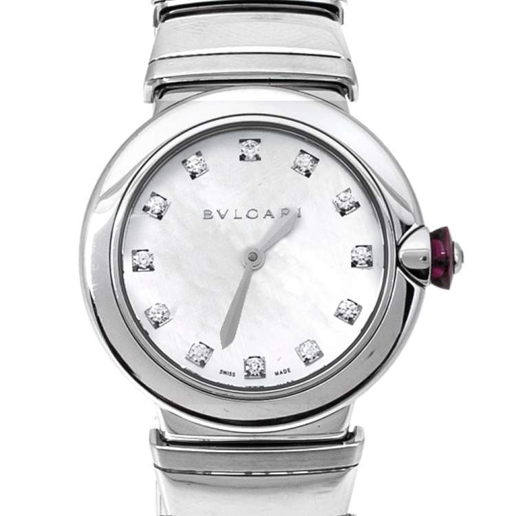 Pre Owned Bvlgari White Mother of Pearl Stainless Steel LVCEA LU28S Women's Wristwatch 28 mm