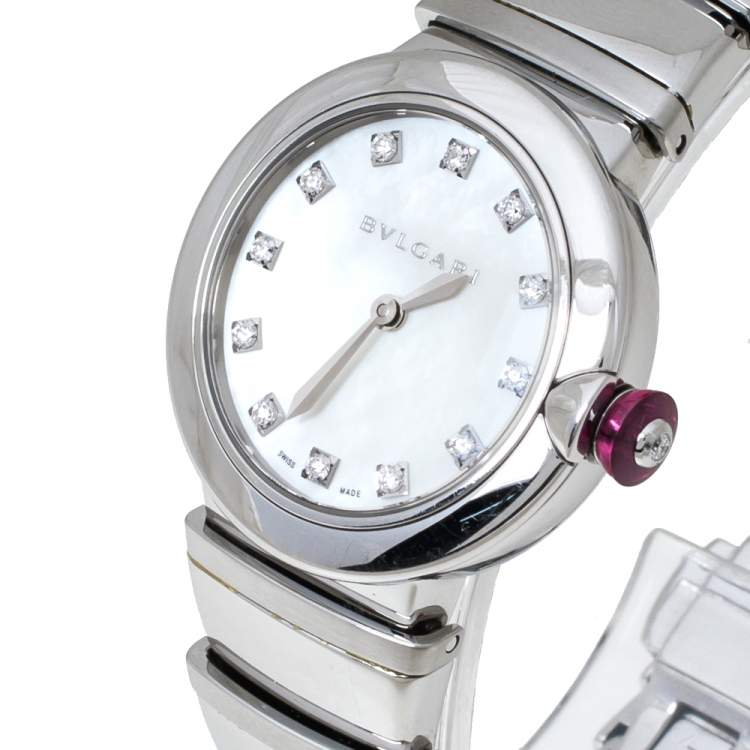 Pre Owned Bvlgari White Mother of Pearl Stainless Steel LVCEA LU28S Women's Wristwatch 28 mm