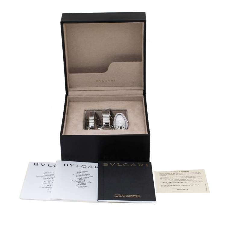 Pre Owned Bvlgari Silver Opaline Guilloché Soleil Stainless Steel Diamond Serpenti Tubogas 101910 Women's Wristwatch 35 mm