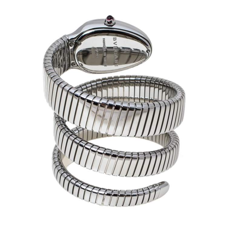 Pre Owned Bvlgari Silver Opaline Guilloché Soleil Stainless Steel Diamond Serpenti Tubogas 101910 Women's Wristwatch 35 mm
