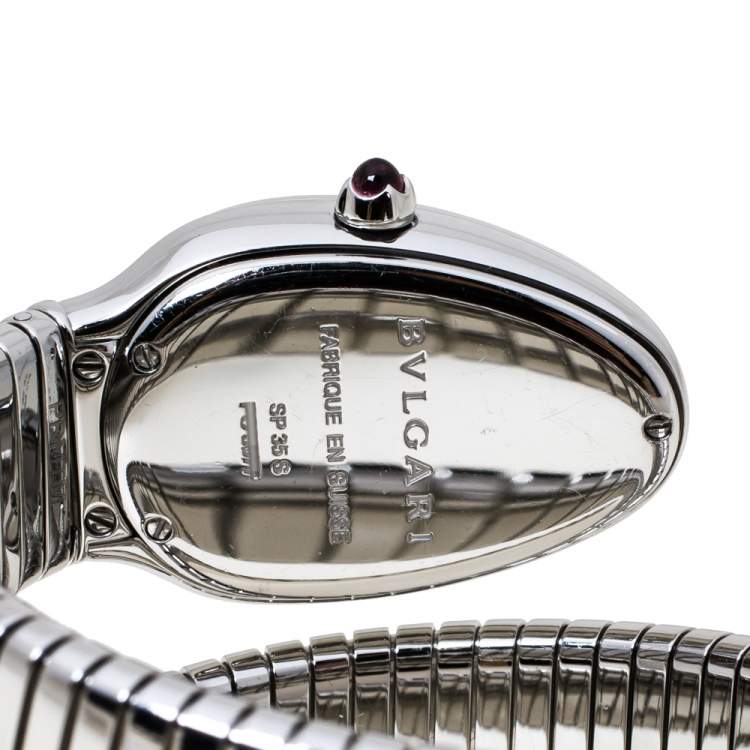Pre Owned Bvlgari Silver Opaline Guilloché Soleil Stainless Steel Diamond Serpenti Tubogas 101910 Women's Wristwatch 35 mm
