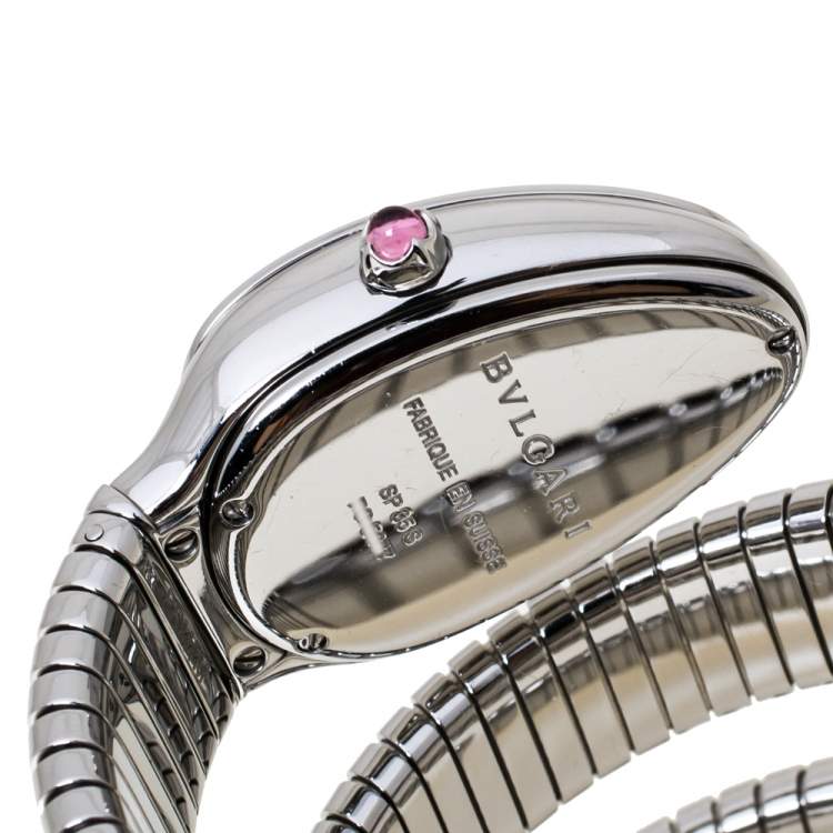 Pre Owned Bvlgari Silver Opaline Guilloché Soleil Stainless Steel Diamond Serpenti Tubogas 101910 Women's Wristwatch 35 mm