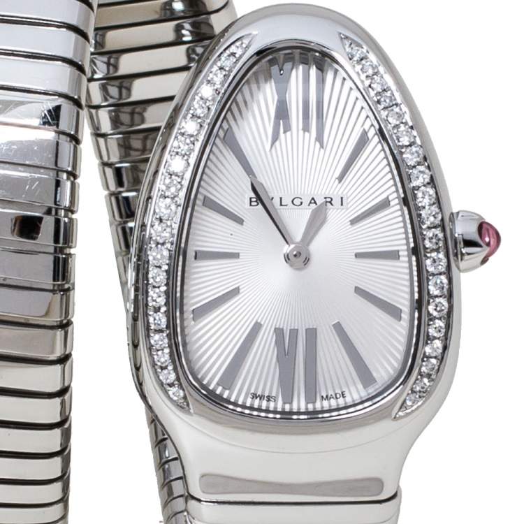 Pre Owned Bvlgari Silver Opaline Guilloché Soleil Stainless Steel Diamond Serpenti Tubogas 101910 Women's Wristwatch 35 mm