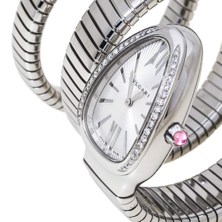Pre Owned Bvlgari Silver Opaline Guilloché Soleil Stainless Steel Diamond Serpenti Tubogas 101910 Women's Wristwatch 35 mm